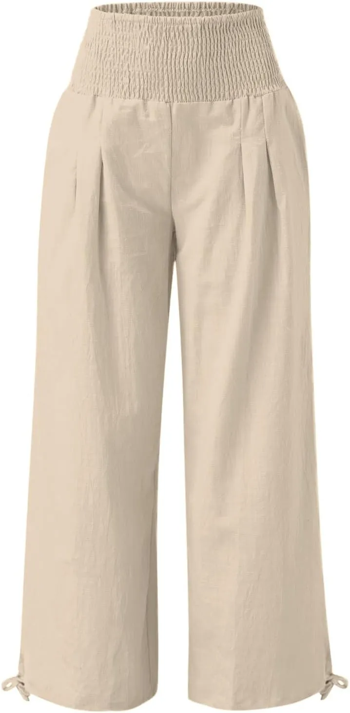 Women Linen Blend Summer Lightweigt Pant Trousers Elastic Waist Wide Leg Plus Size Pants Business Work
