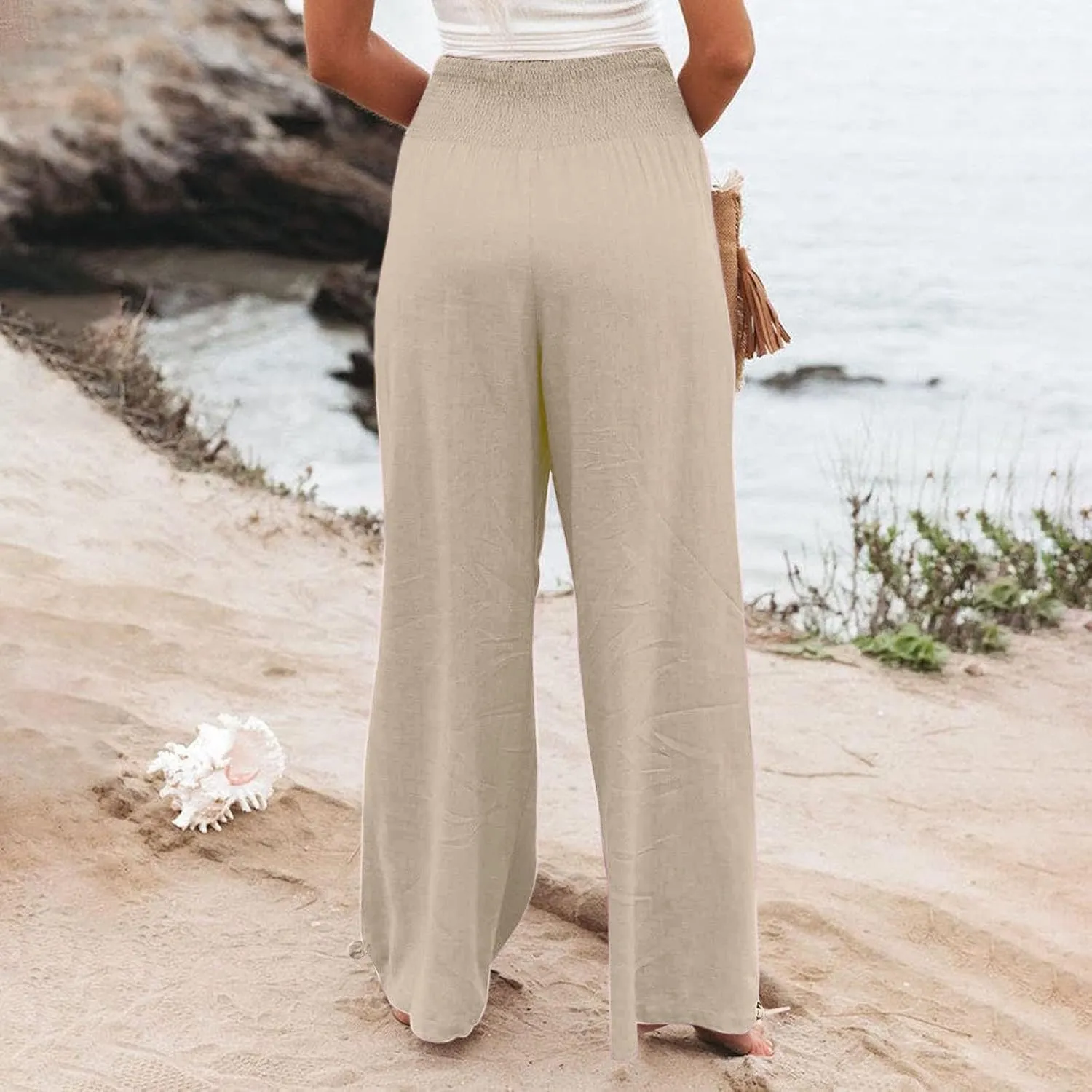 Women Linen Blend Summer Lightweigt Pant Trousers Elastic Waist Wide Leg Plus Size Pants Business Work