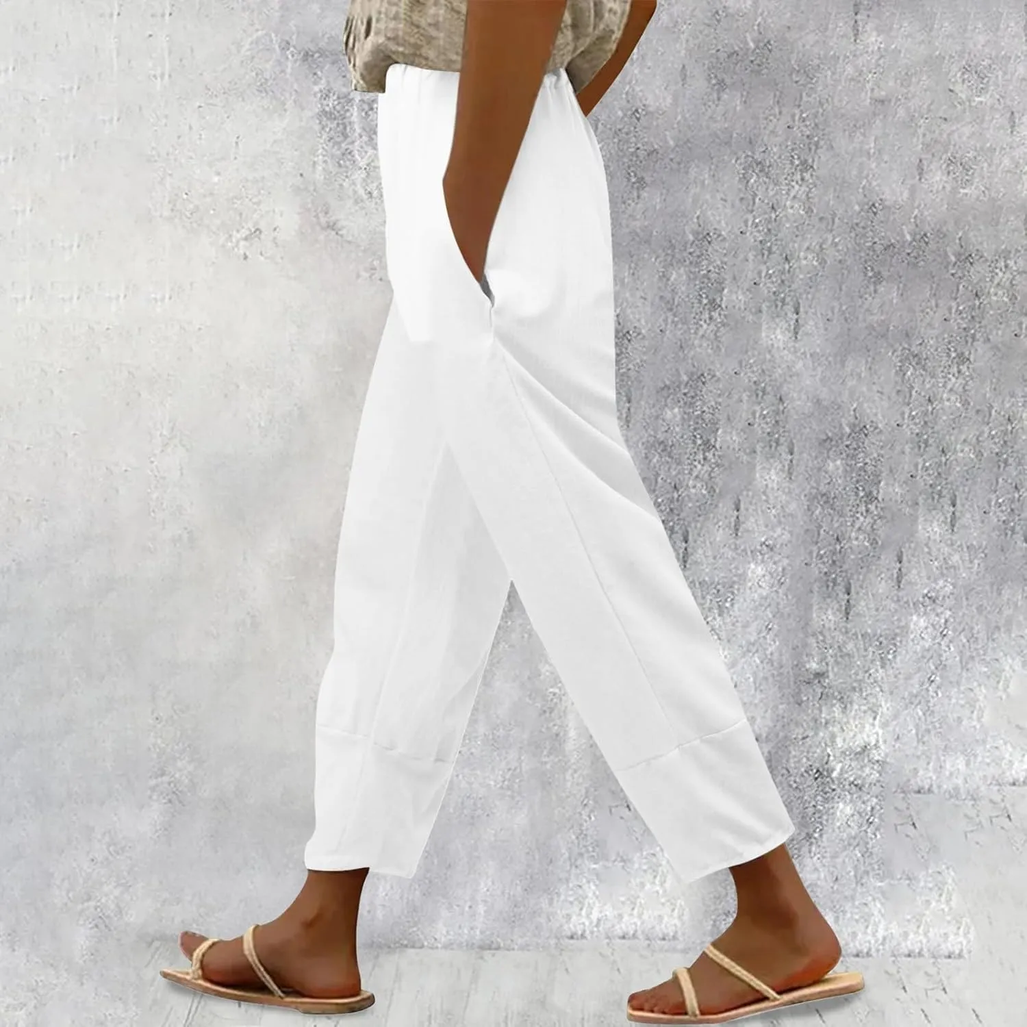Women Linen Blend Summer Print Pant Trousers Low Waist Straight Loose Fit Pant Trousers Travel