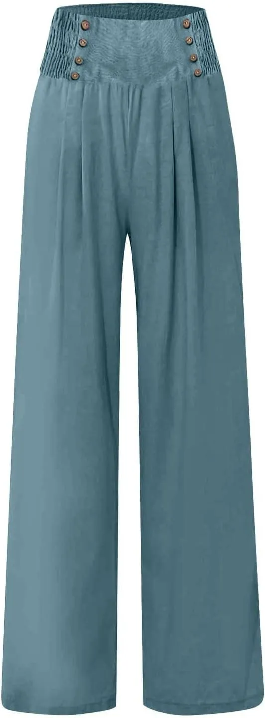 Women Linen Palazzo Pants Summer Trendy Wide Leg High Waist Casual Lounge Pant 2025 Beach Travel Vacation Outfits