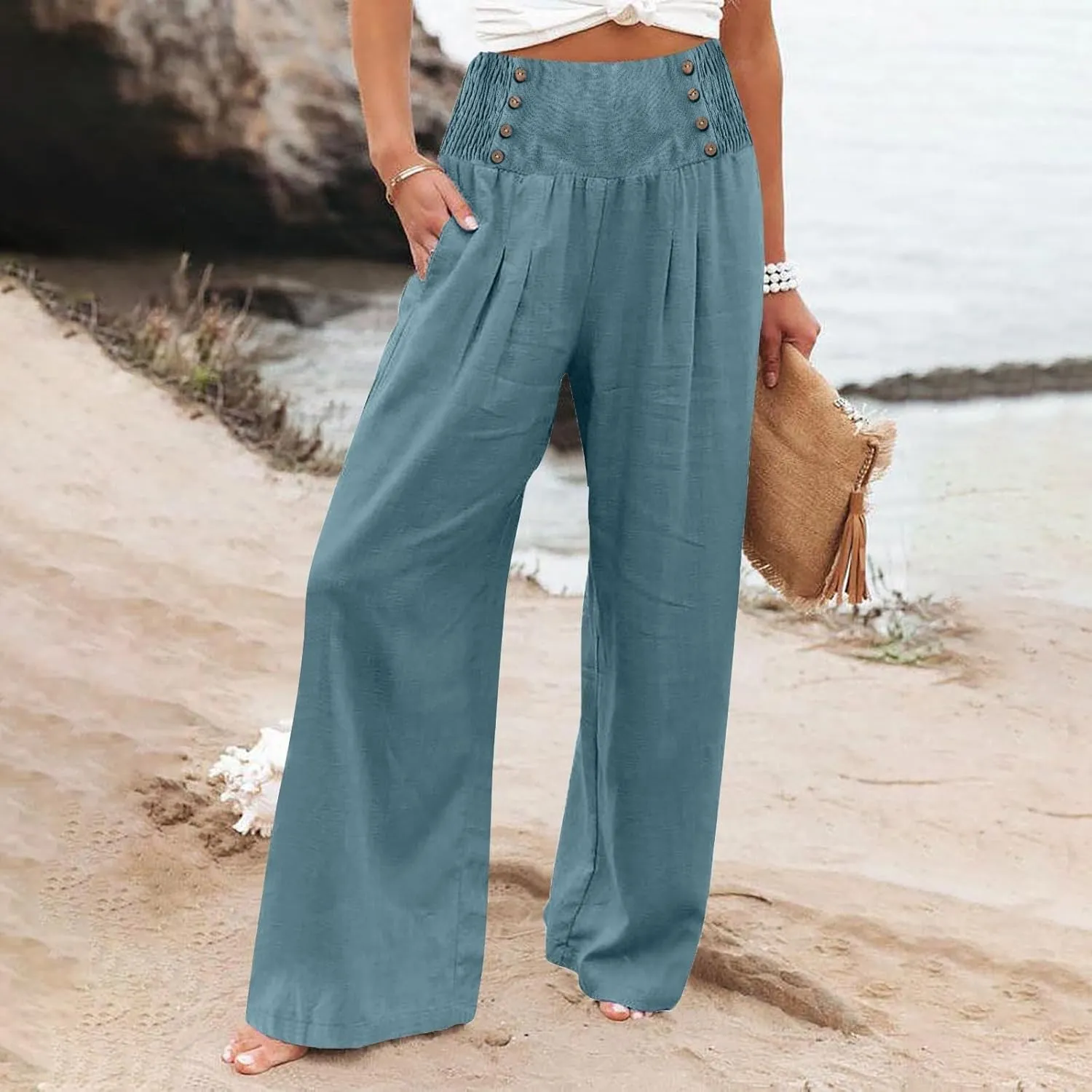 Women Linen Palazzo Pants Summer Trendy Wide Leg High Waist Casual Lounge Pant 2025 Beach Travel Vacation Outfits