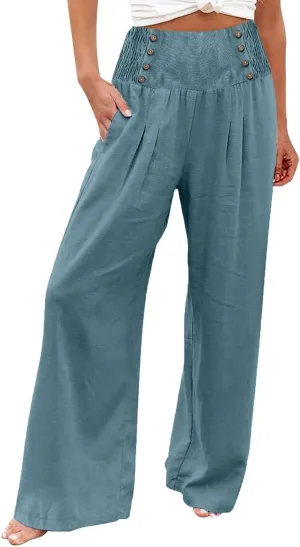 Women Linen Palazzo Pants Summer Trendy Wide Leg High Waist Casual Lounge Pant 2025 Beach Travel Vacation Outfits