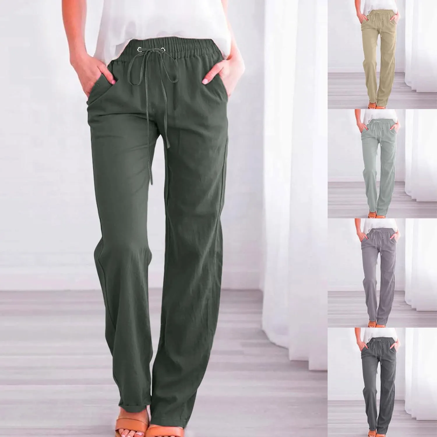 Women Linen Pants Casual Straight Leg Pants Drawstring Waist Long Pants Comfy Work Trousers Summer Jogger Pants Plus