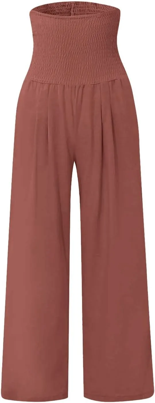 Women Linen Summer Trendy Pants Elastic Waist Ankle Length Slim Fit Pant Trousers Office