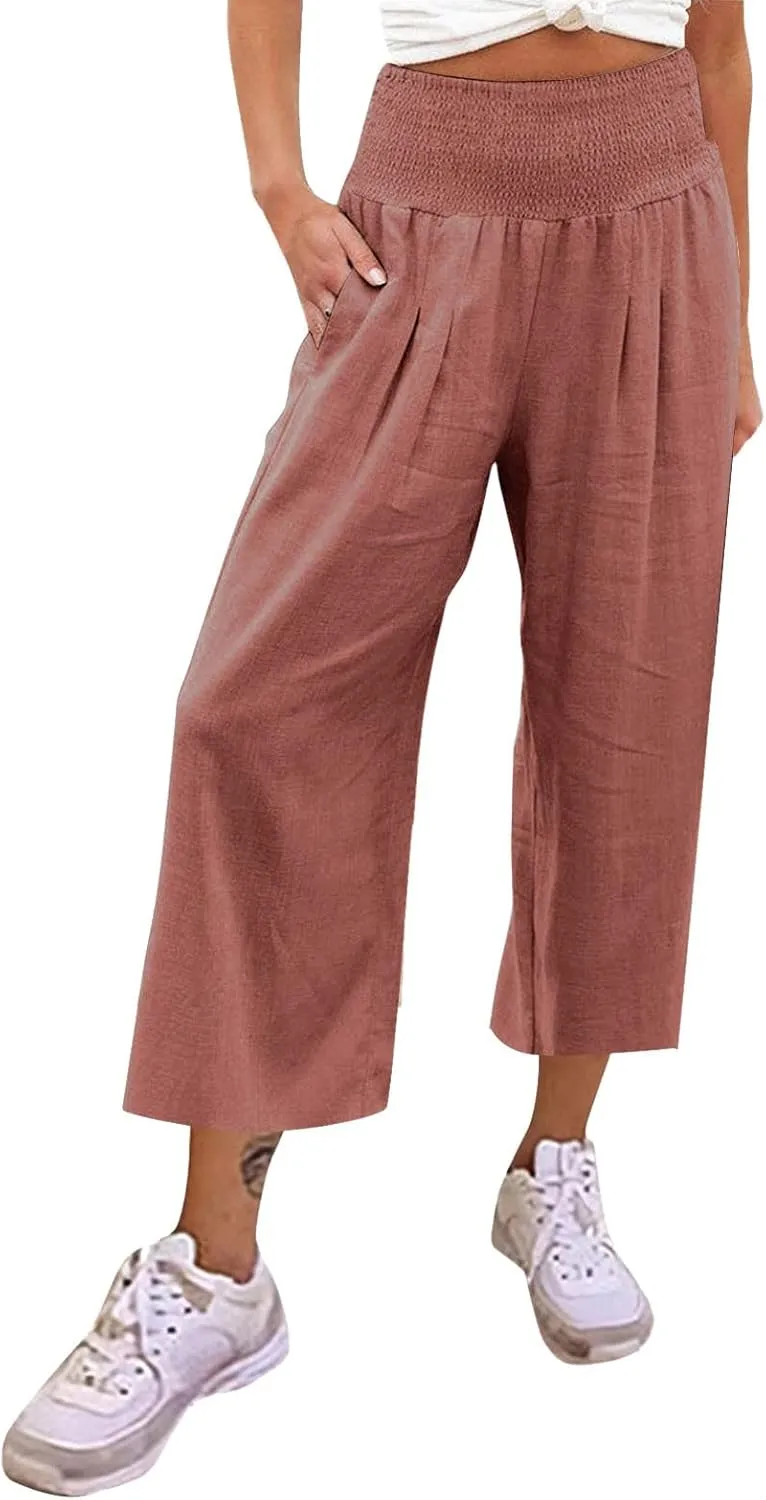 Women Linen Summer Trendy Pants Elastic Waist Ankle Length Slim Fit Pant Trousers Office