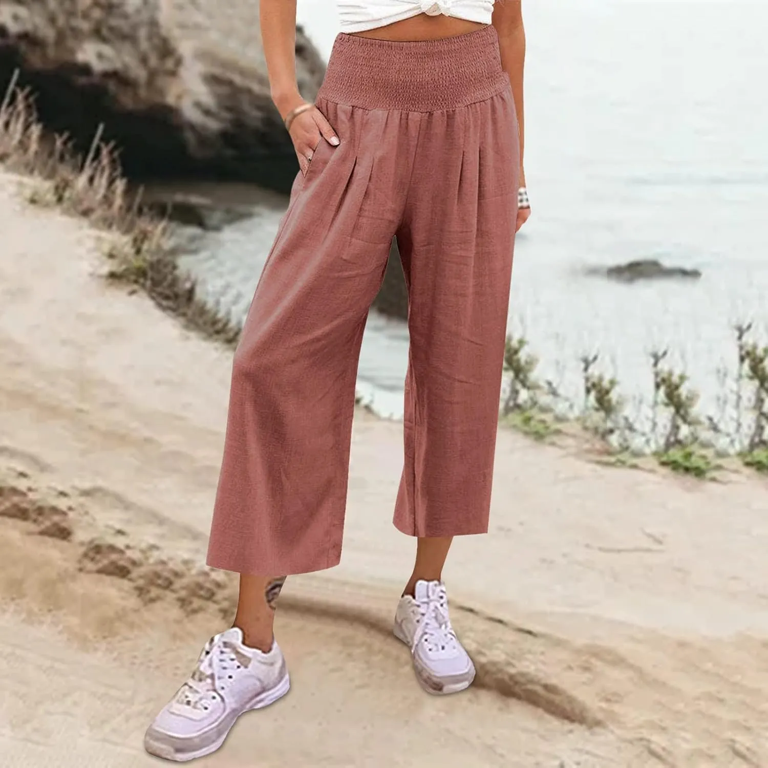 Women Linen Summer Trendy Pants Elastic Waist Ankle Length Slim Fit Pant Trousers Office