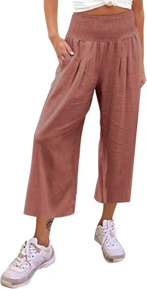Women Linen Summer Trendy Pants Elastic Waist Ankle Length Slim Fit Pant Trousers Office