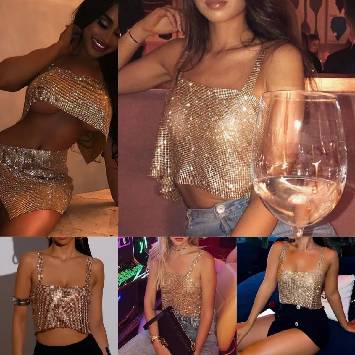 Women Rhinestones Tank Top, Sparkly Deep V Backless Top Hanging Neck Metal Chain, Sleeveless Club Party Clubwear