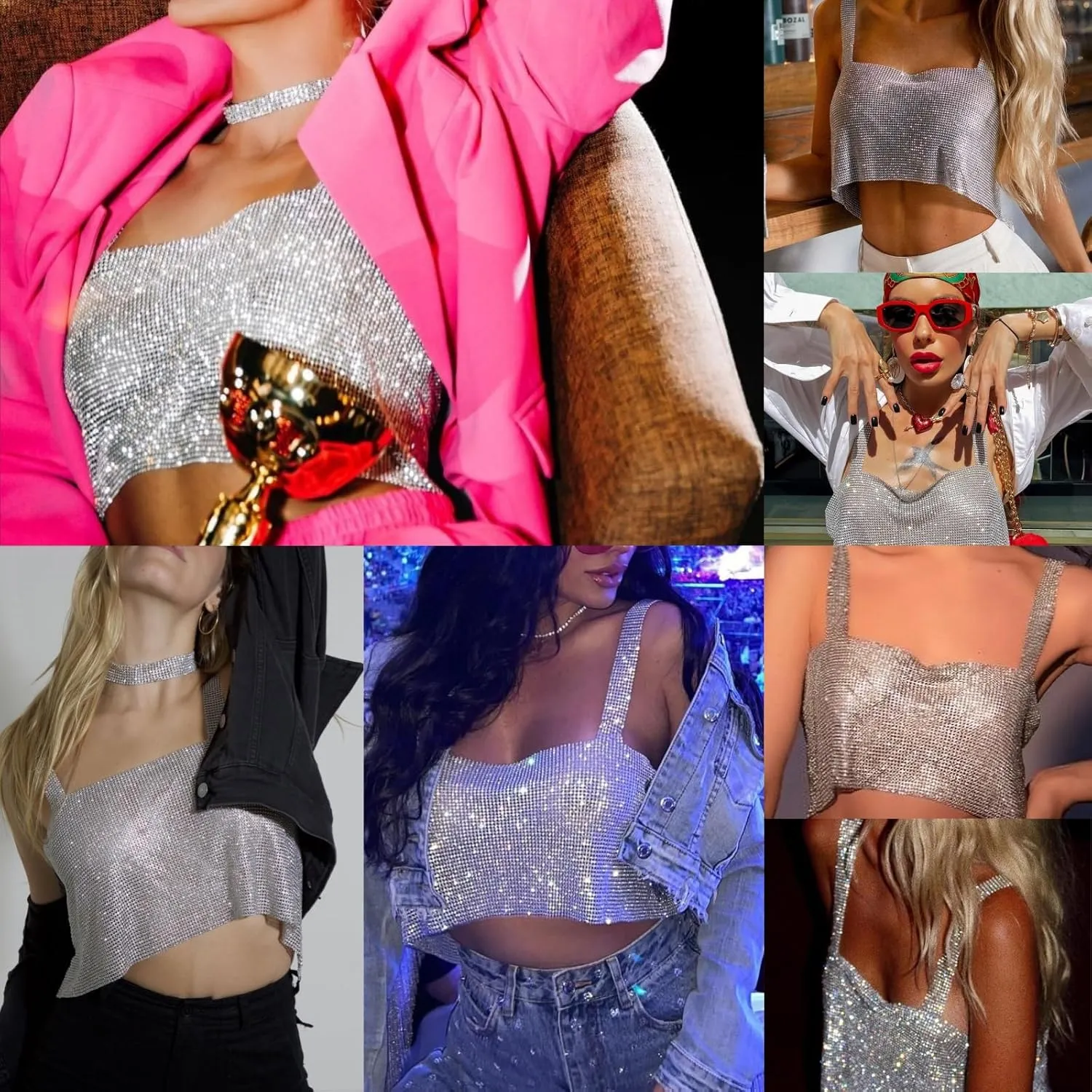 Women Rhinestones Tank Top, Sparkly Deep V Backless Top Hanging Neck Metal Chain, Sleeveless Club Party Clubwear