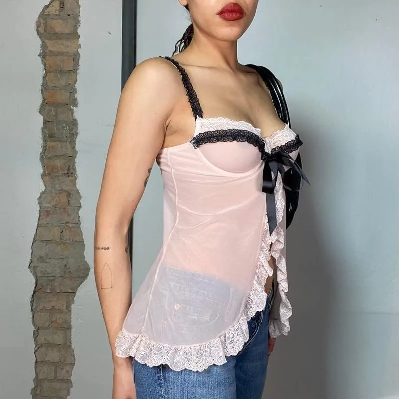 Women Ruffle Trim Crop Camisoles Sheer Mesh Backless Cami Top Open Front Crop Top Slim Fit Streetwear