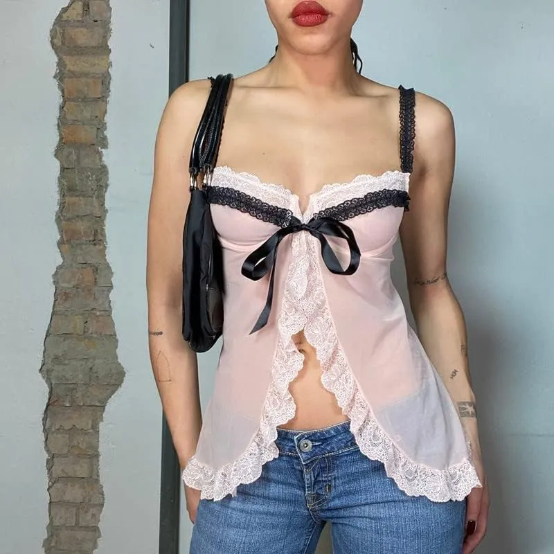 Women Ruffle Trim Crop Camisoles Sheer Mesh Backless Cami Top Open Front Crop Top Slim Fit Streetwear