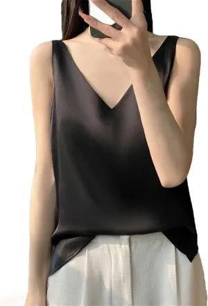 Women Satin Double Shoulder Camisole Tank Top V-Neck Sleeveless T-Shirt CropSolid Casual Basic Top