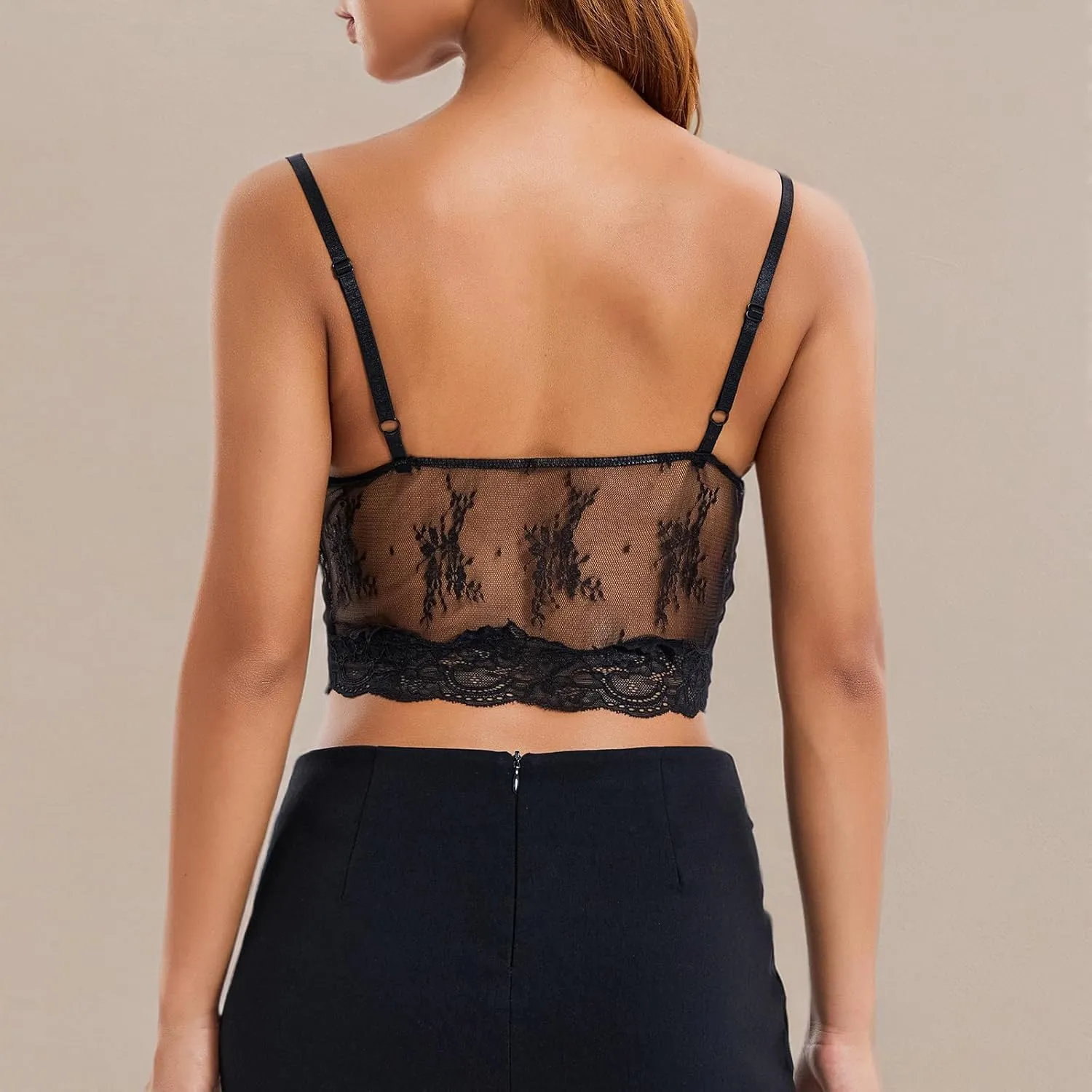 Women Sexy Lace Cami Crop Top Y2k Spaghetti Strap Sheer Mesh Top See Through Camisole Backless Streetwear
