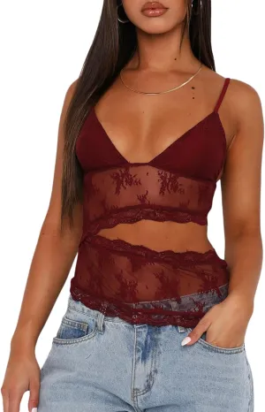 Women Sexy Lace Cami Crop Top Y2k Spaghetti Strap Sheer Mesh Top See Through Camisole Backless Streetwear
