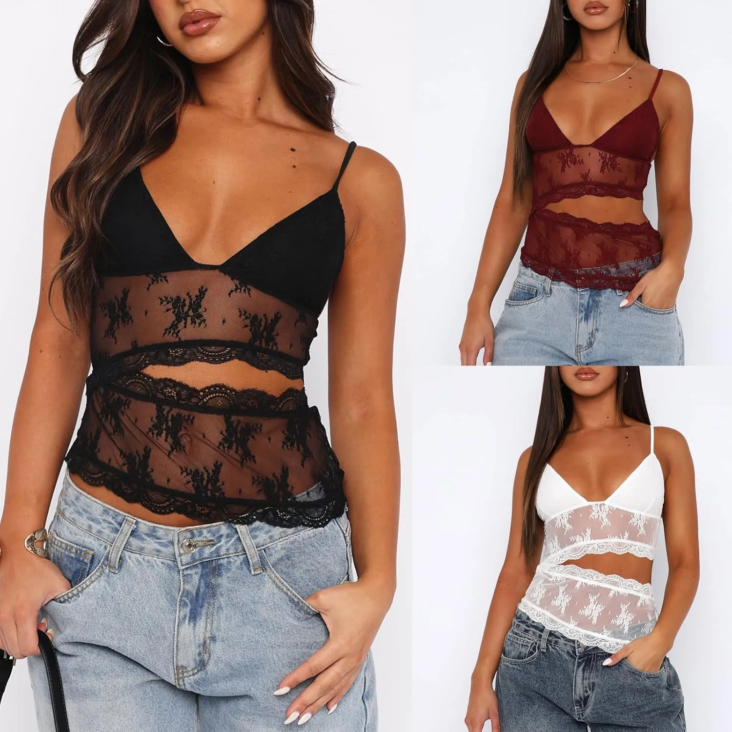 Women Sexy Lace Cami Crop Top Y2k Spaghetti Strap Sheer Mesh Top See Through Camisole Backless Streetwear