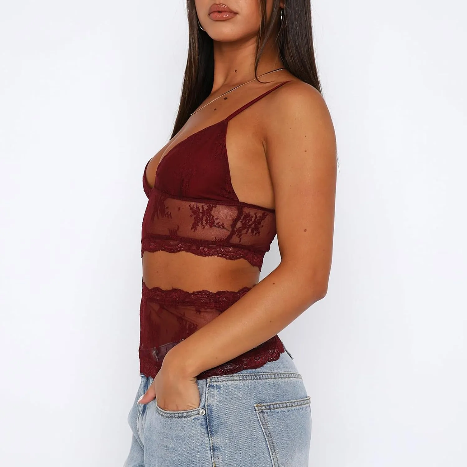 Women Sexy Lace Cami Crop Top Y2k Spaghetti Strap Sheer Mesh Top See Through Camisole Backless Streetwear