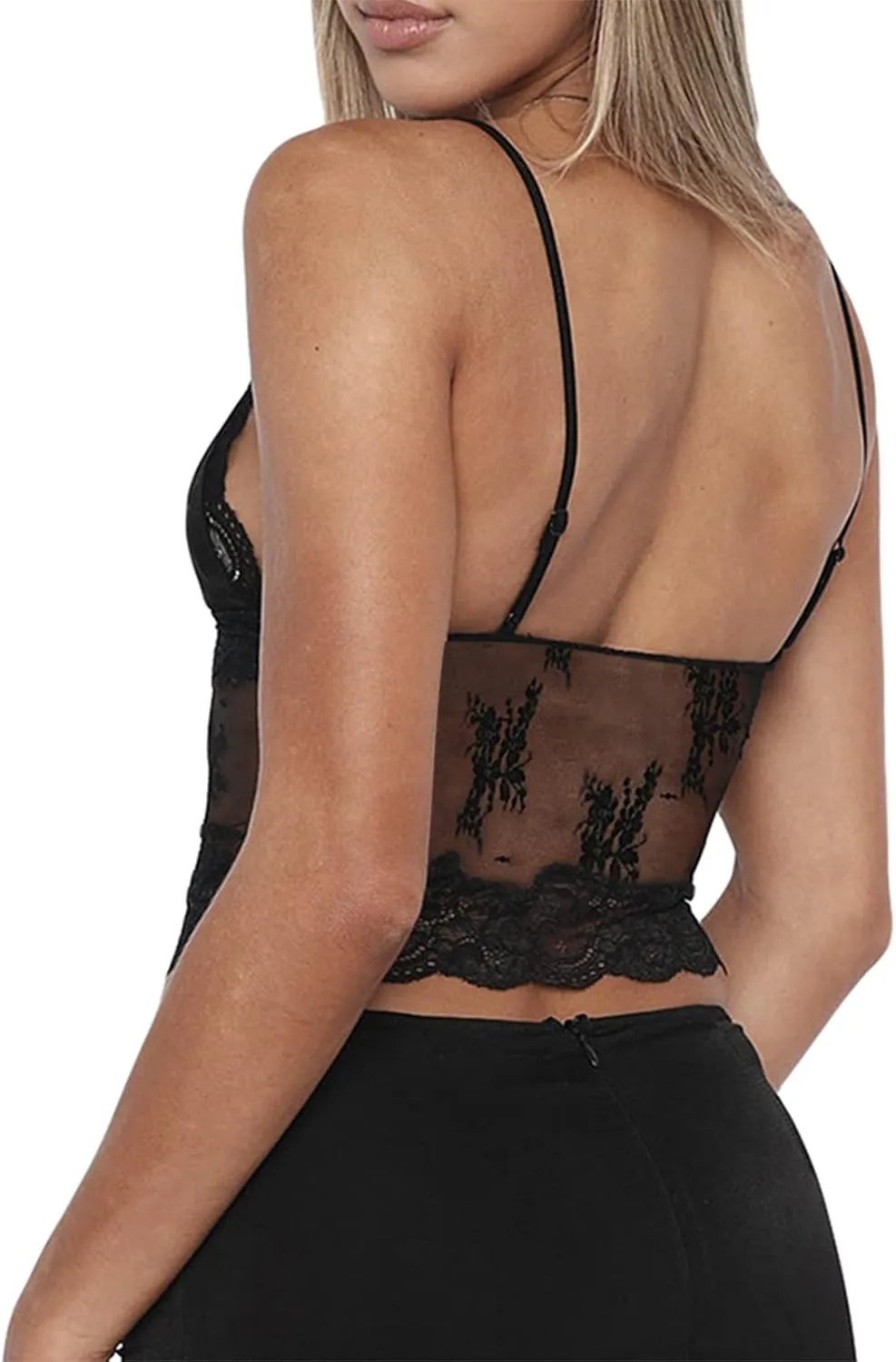 Women Sexy Lace Cami Crop Top Y2k Spaghetti Strap Sheer Mesh Top See Through Camisole Backless Streetwear