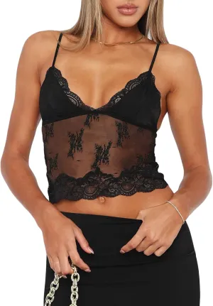 Women Sexy Lace Cami Crop Top Y2k Spaghetti Strap Sheer Mesh Top See Through Camisole Backless Streetwear
