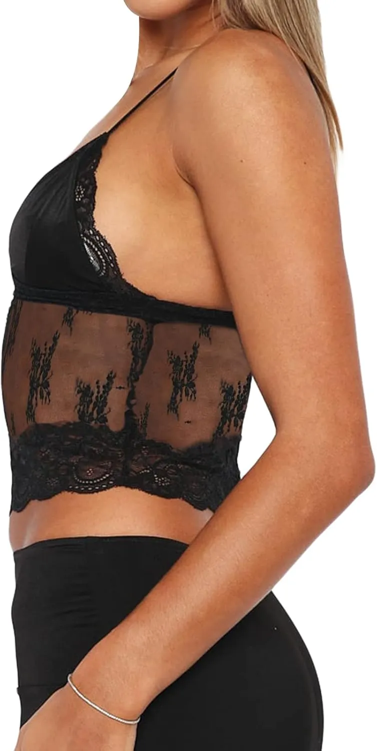 Women Sexy Lace Cami Crop Top Y2k Spaghetti Strap Sheer Mesh Top See Through Camisole Backless Streetwear