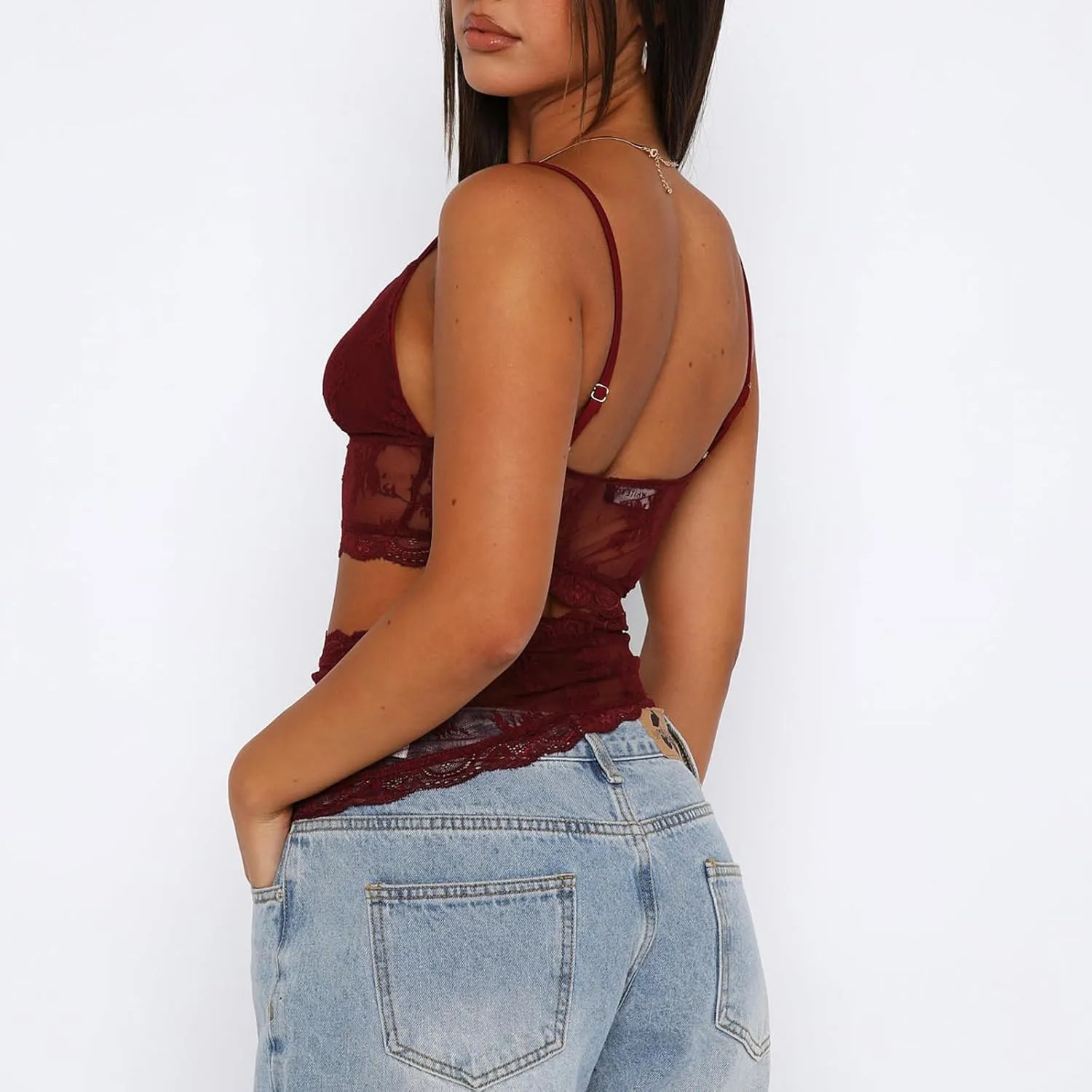 Women Sexy Lace Cami Crop Top Y2k Spaghetti Strap Sheer Mesh Top See Through Camisole Backless Streetwear