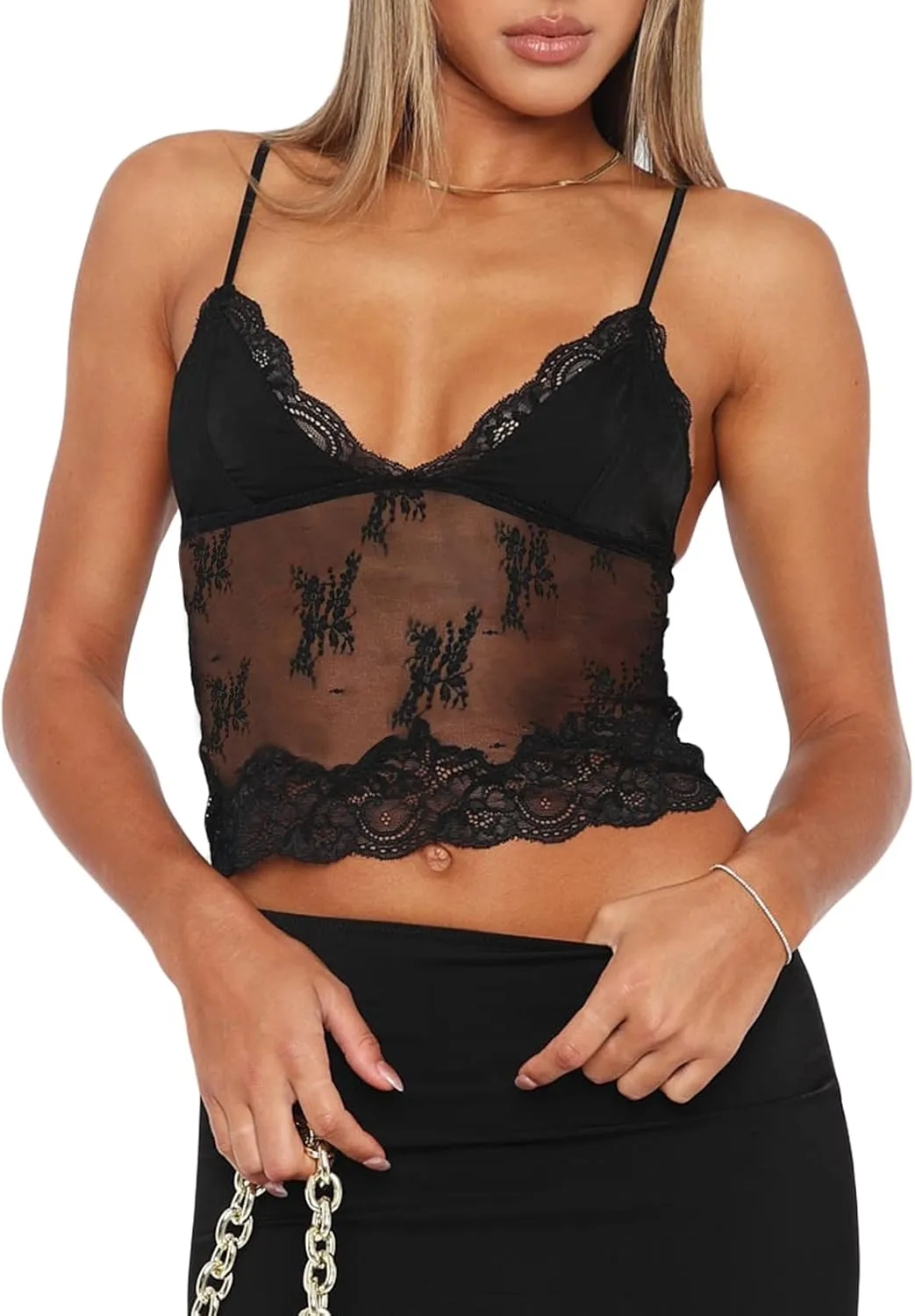 Women Sexy Lace Cami Crop Top Y2k Spaghetti Strap Sheer Mesh Top See Through Camisole Backless Streetwear