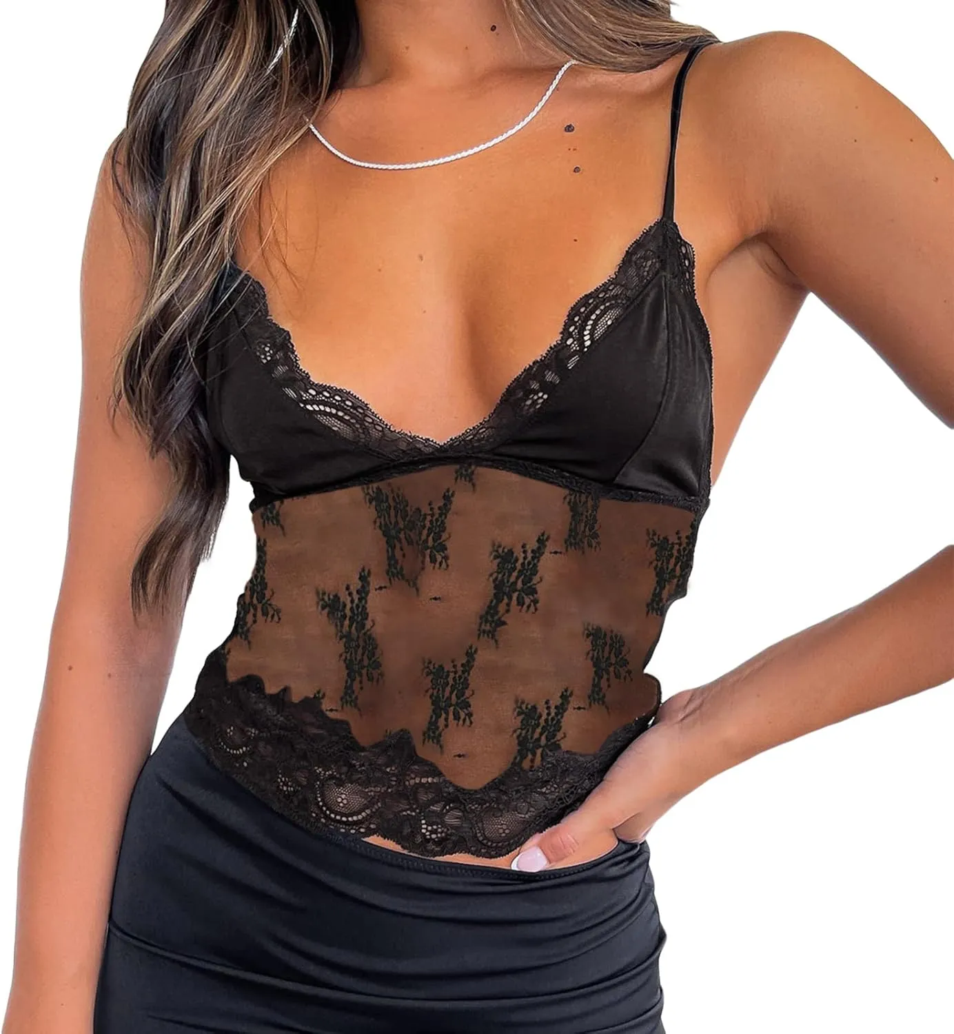 Women Sexy Lace Cami Crop Top Y2k Spaghetti Strap Sheer Mesh Top See Through Camisole Backless Streetwear
