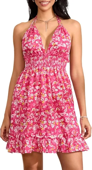 Women Sexy Low Cut Floral Mini Dress Sleeveless Open Back Halter Neck Smocked Waist Short Ruffle Dress