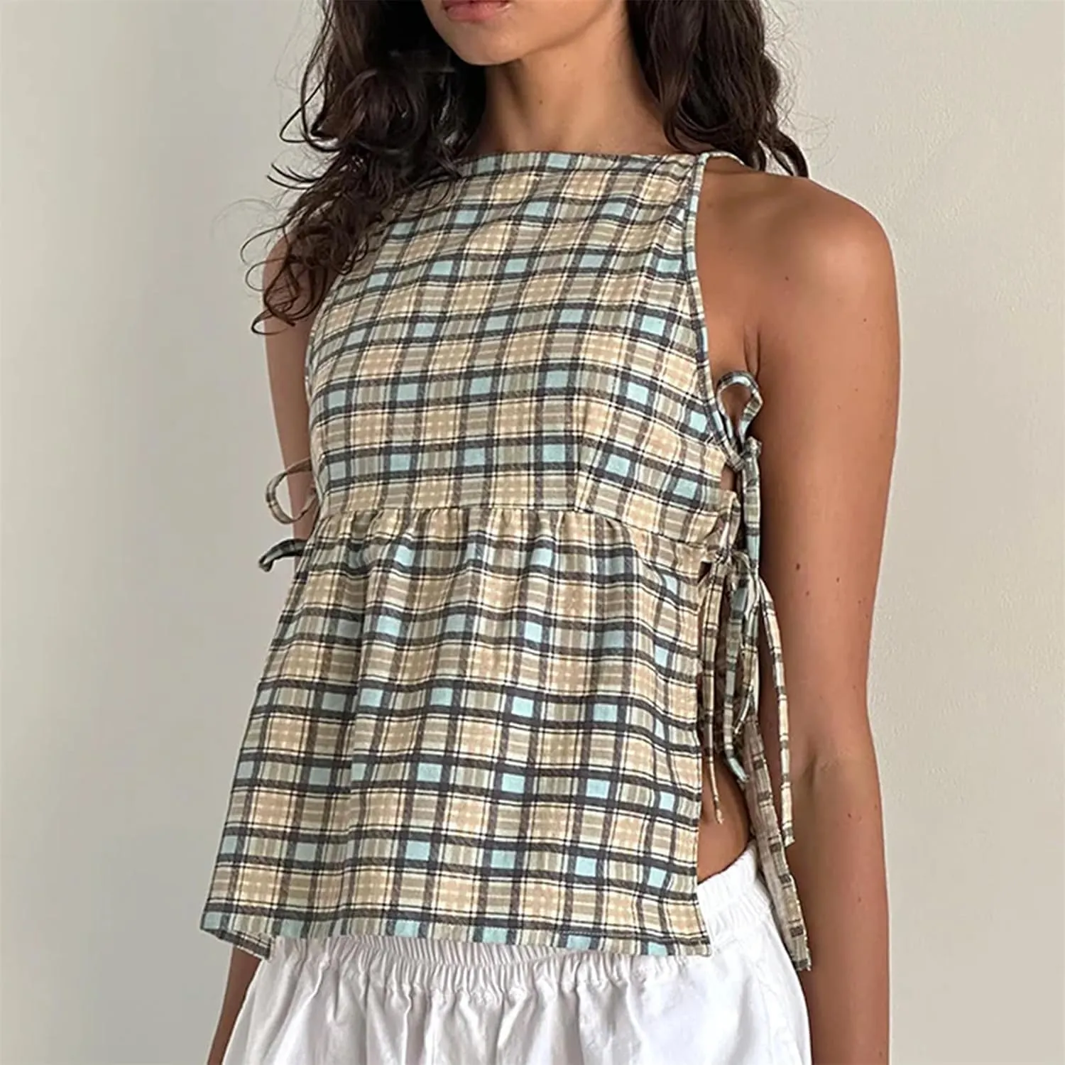 Women Side Tie Tank Top Y2K Vintage Gingham Sleeveless Split Peplum Vest Top Cute Coquette Summer Trendy Streetwear