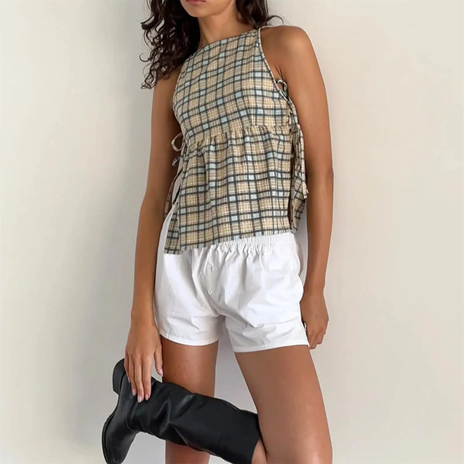 Women Side Tie Tank Top Y2K Vintage Gingham Sleeveless Split Peplum Vest Top Cute Coquette Summer Trendy Streetwear