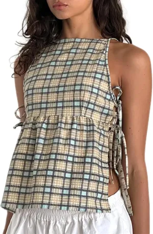 Women Side Tie Tank Top Y2K Vintage Gingham Sleeveless Split Peplum Vest Top Cute Coquette Summer Trendy Streetwear
