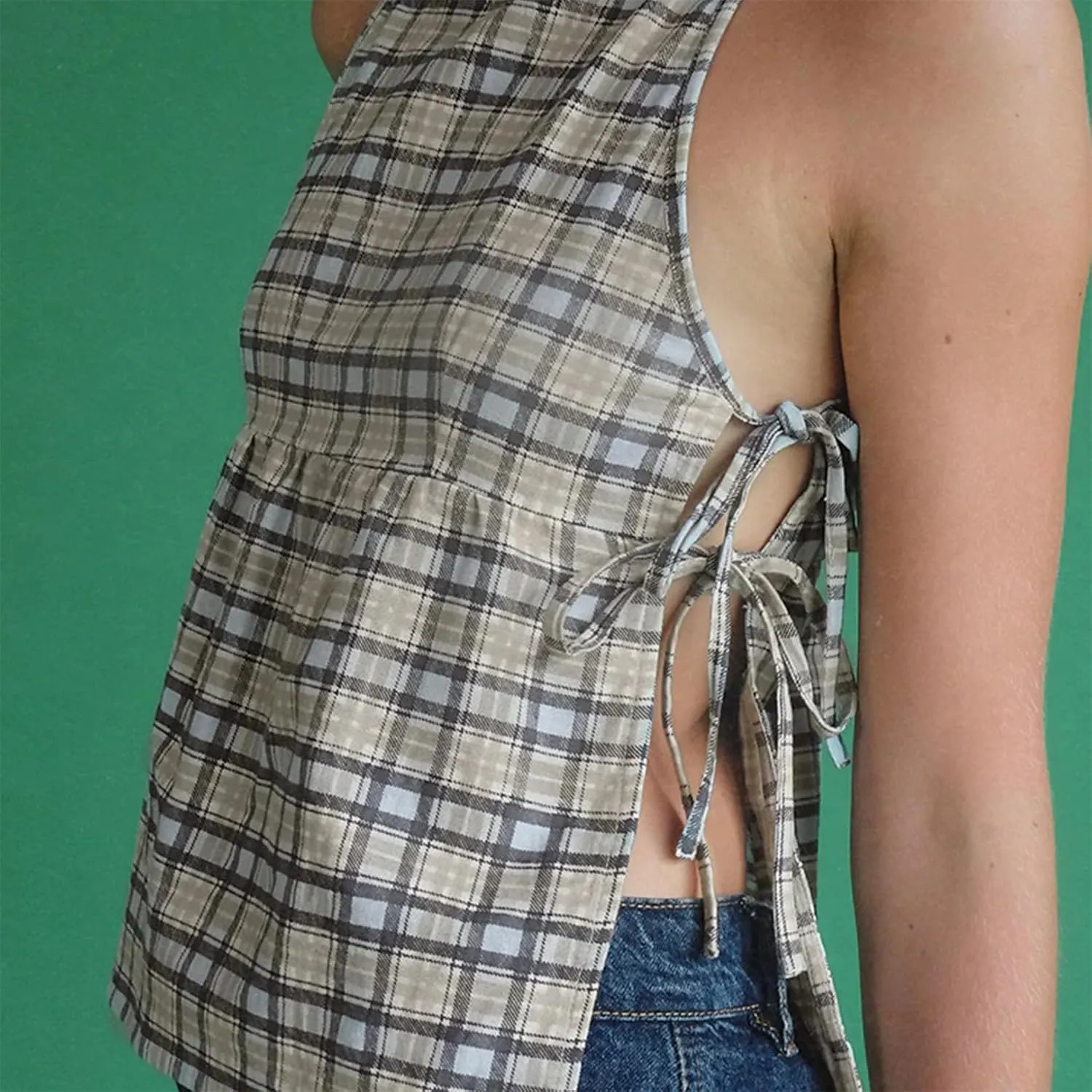 Women Side Tie Tank Top Y2K Vintage Gingham Sleeveless Split Peplum Vest Top Cute Coquette Summer Trendy Streetwear