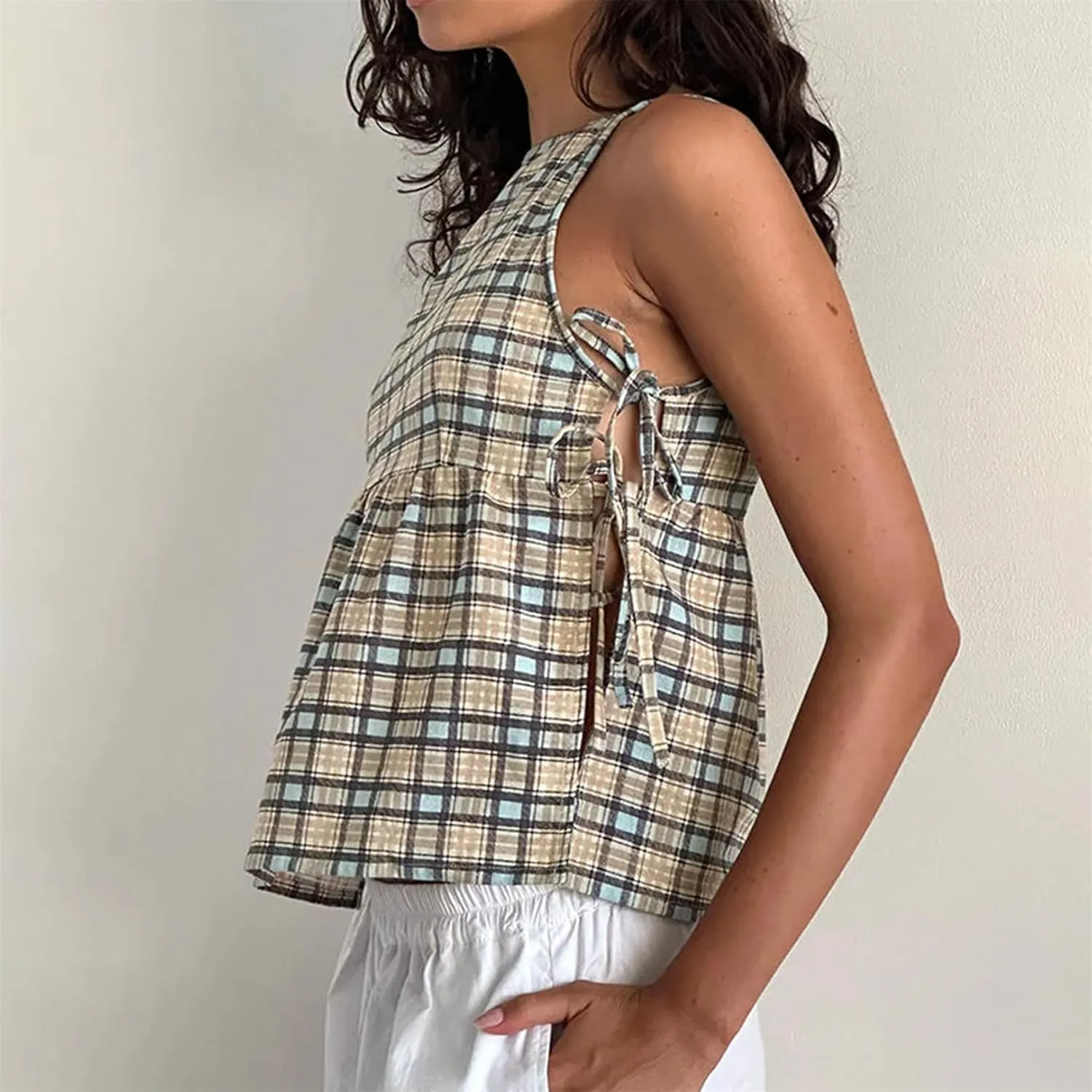 Women Side Tie Tank Top Y2K Vintage Gingham Sleeveless Split Peplum Vest Top Cute Coquette Summer Trendy Streetwear