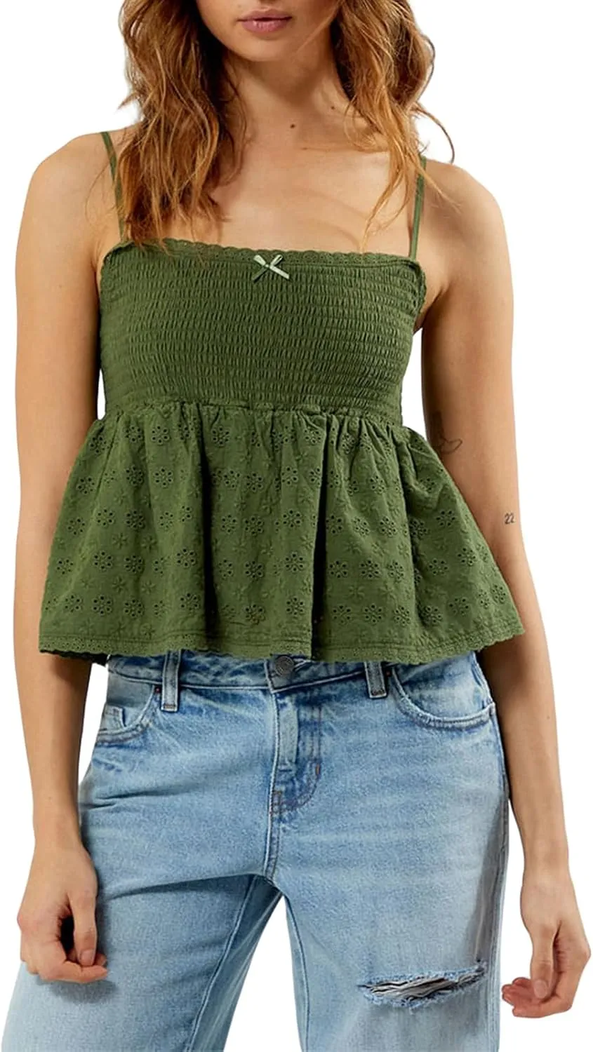 Women Smocked Babydoll Camisoles Y2k Floral Embroidered Square Neck Ruffle Tank Top Vintage Flowy Peplum Cami Top