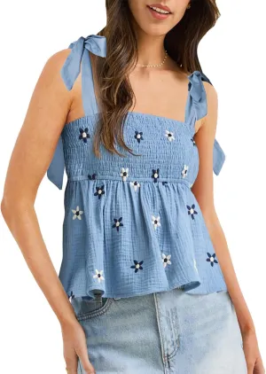 Women Smocked Babydoll Camisoles Y2k Floral Embroidered Square Neck Ruffle Tank Top Vintage Flowy Peplum Cami Top