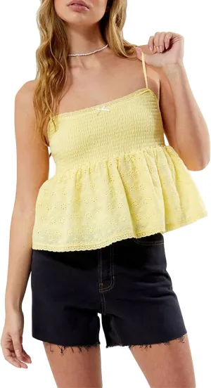 Women Smocked Babydoll Camisoles Y2k Floral Embroidered Square Neck Ruffle Tank Top Vintage Flowy Peplum Cami Top