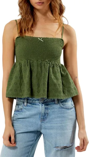 Women Smocked Babydoll Camisoles Y2k Floral Embroidered Square Neck Ruffle Tank Top Vintage Flowy Peplum Cami Top