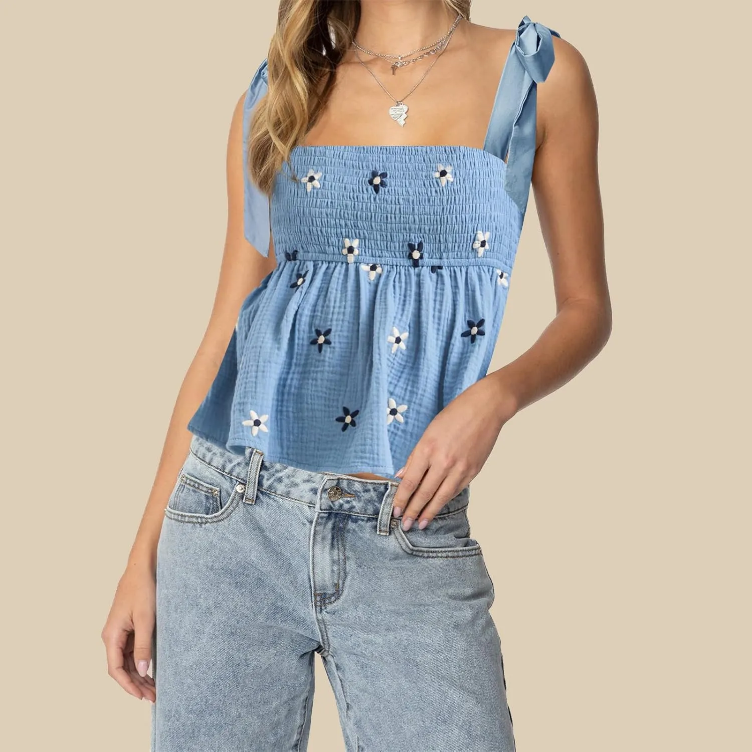 Women Smocked Babydoll Camisoles Y2k Floral Embroidered Square Neck Ruffle Tank Top Vintage Flowy Peplum Cami Top