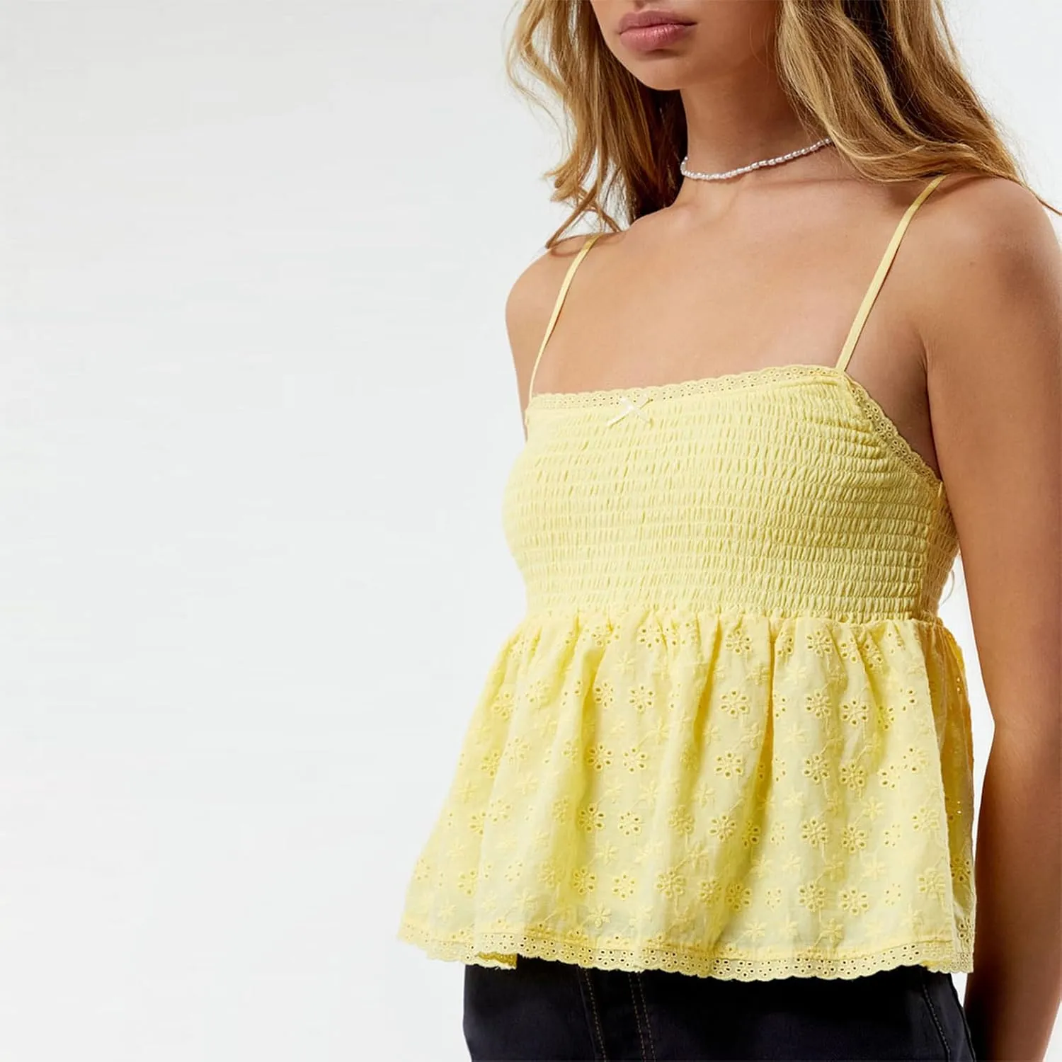 Women Smocked Babydoll Camisoles Y2k Floral Embroidered Square Neck Ruffle Tank Top Vintage Flowy Peplum Cami Top