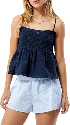 Women Smocked Babydoll Camisoles Y2k Floral Embroidered Square Neck Ruffle Tank Top Vintage Flowy Peplum Cami Top
