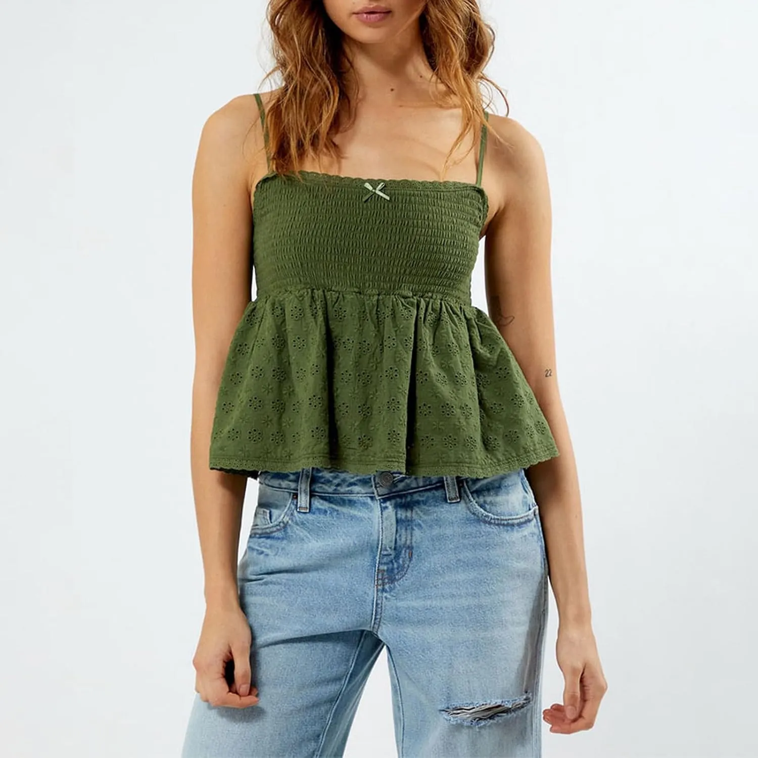 Women Smocked Babydoll Camisoles Y2k Floral Embroidered Square Neck Ruffle Tank Top Vintage Flowy Peplum Cami Top