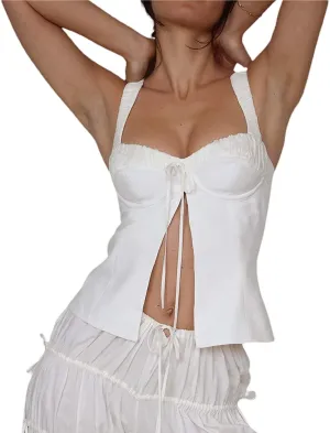 Women Spaghetti Strap Lace Corset Tank Top Vintage Sleeveless Y2K Slim Fit Strappy Camis Vest Top Streetwear