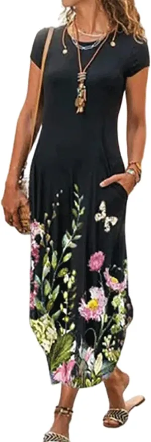 Women Summer Casual Maxi Dress Floral Printed Loose Pockets Short Sleeve Split Boho Dresses