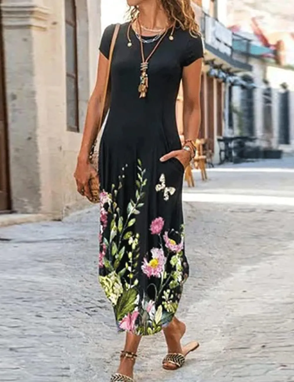 Women Summer Casual Maxi Dress Floral Printed Loose Pockets Short Sleeve Split Boho Dresses