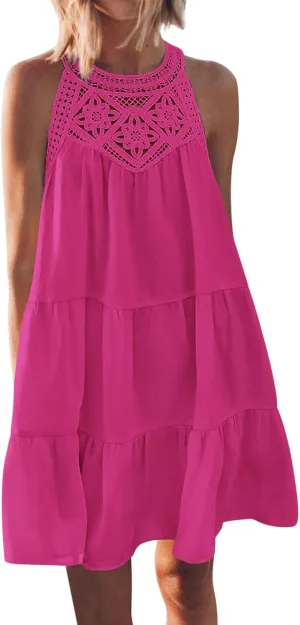 Women Summer Mini Dresses Sleeveless Hollow Out Halter Dress A-Line Tiered Swing Short Dress Beach Vacation Sundress