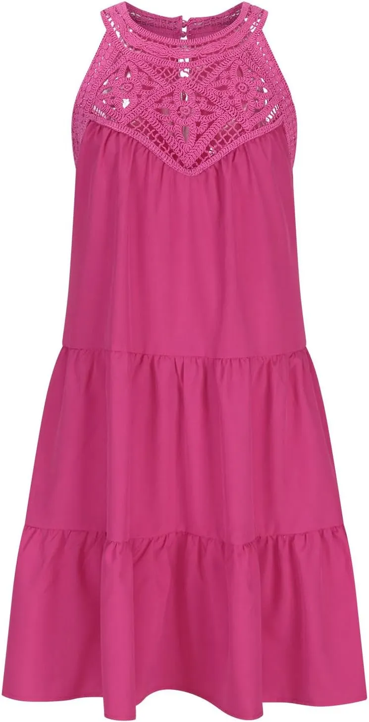 Women Summer Mini Dresses Sleeveless Hollow Out Halter Dress A-Line Tiered Swing Short Dress Beach Vacation Sundress
