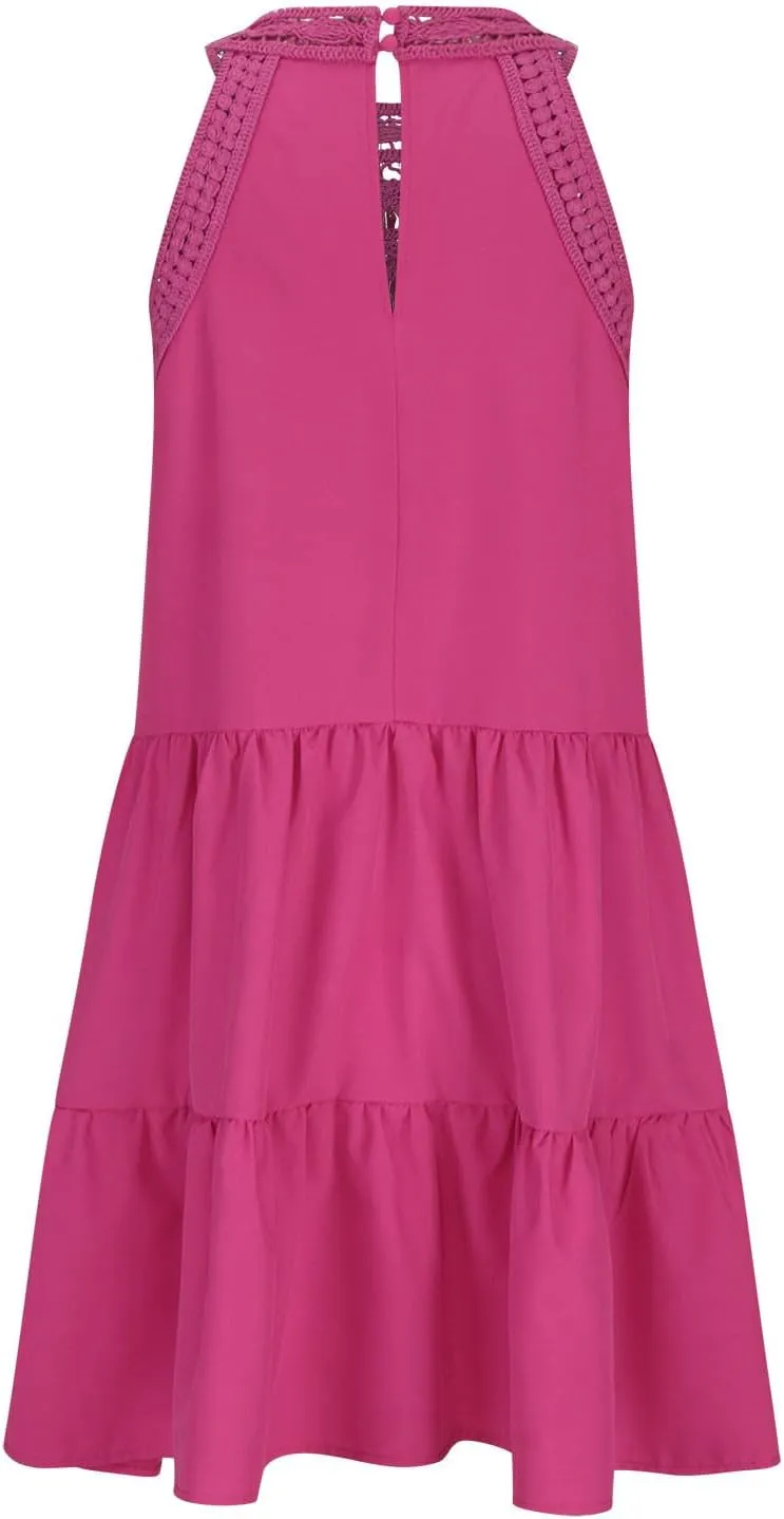 Women Summer Mini Dresses Sleeveless Hollow Out Halter Dress A-Line Tiered Swing Short Dress Beach Vacation Sundress