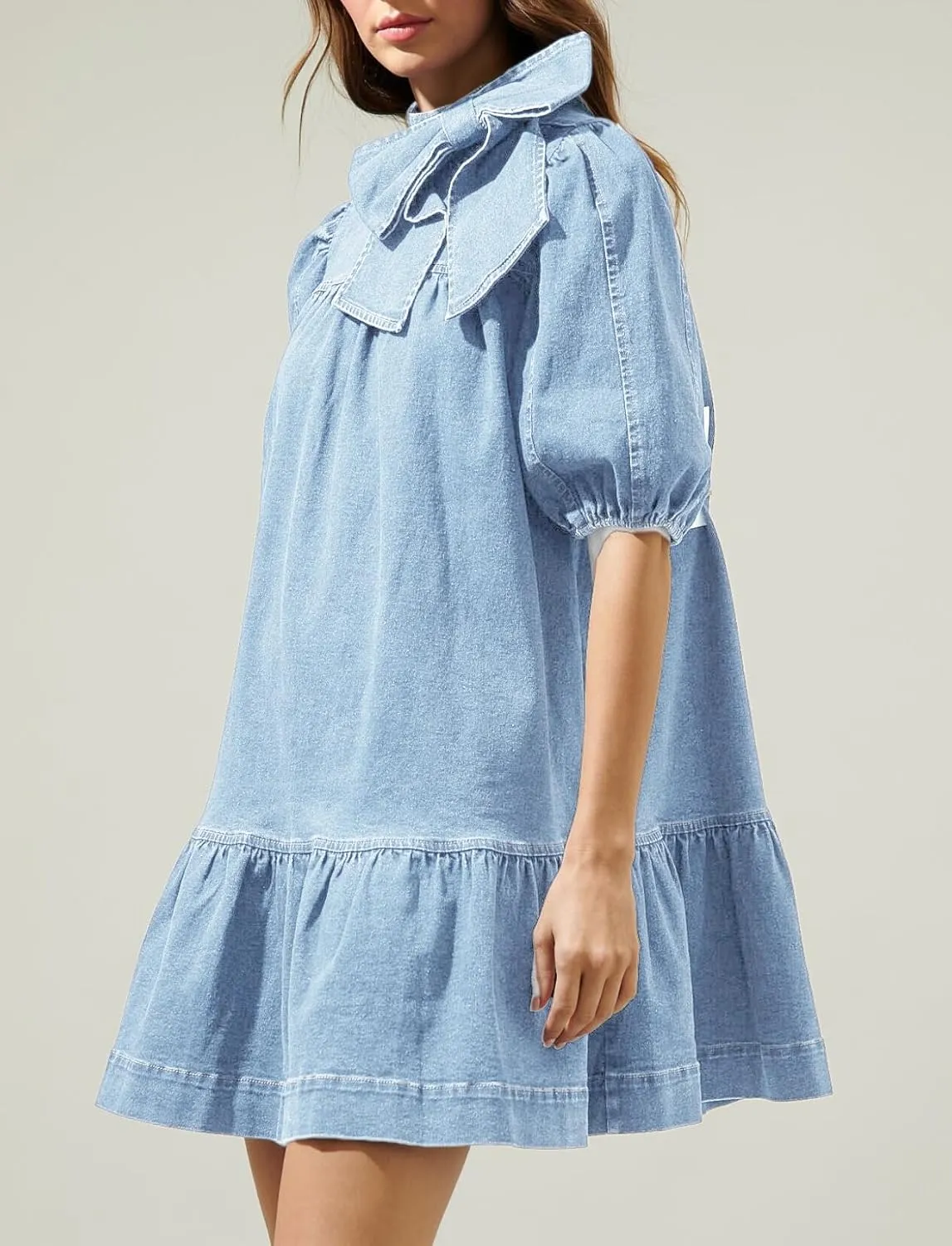 Women Summer Puff Short Sleeve Denim Dress Mock Neck Babydoll Jean Dress with Bow