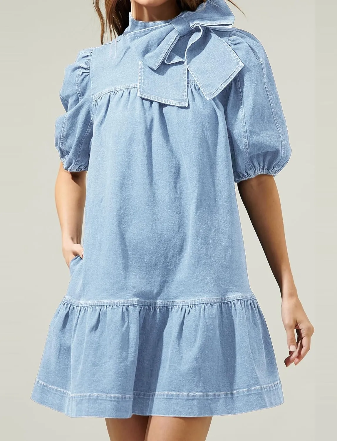 Women Summer Puff Short Sleeve Denim Dress Mock Neck Babydoll Jean Dress with Bow