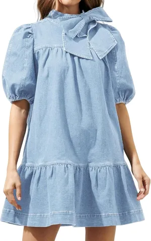 Women Summer Puff Short Sleeve Denim Dress Mock Neck Babydoll Jean Dress with Bow