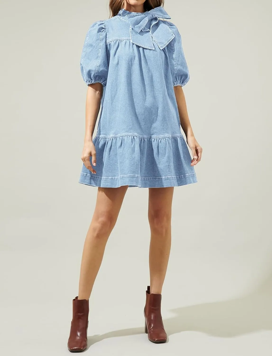 Women Summer Puff Short Sleeve Denim Dress Mock Neck Babydoll Jean Dress with Bow